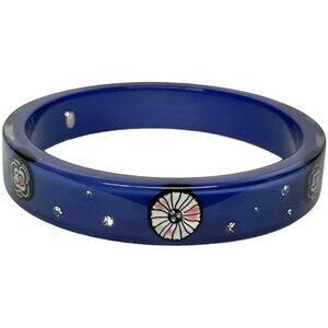 AUTH Chanel Navy Blue Resin CC Logo Camellia Flower Rhinestone Bangle Bracelet